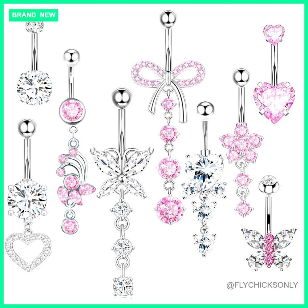 14G Surgical Steel Dangle Belly Button Rings Set, 9pcs